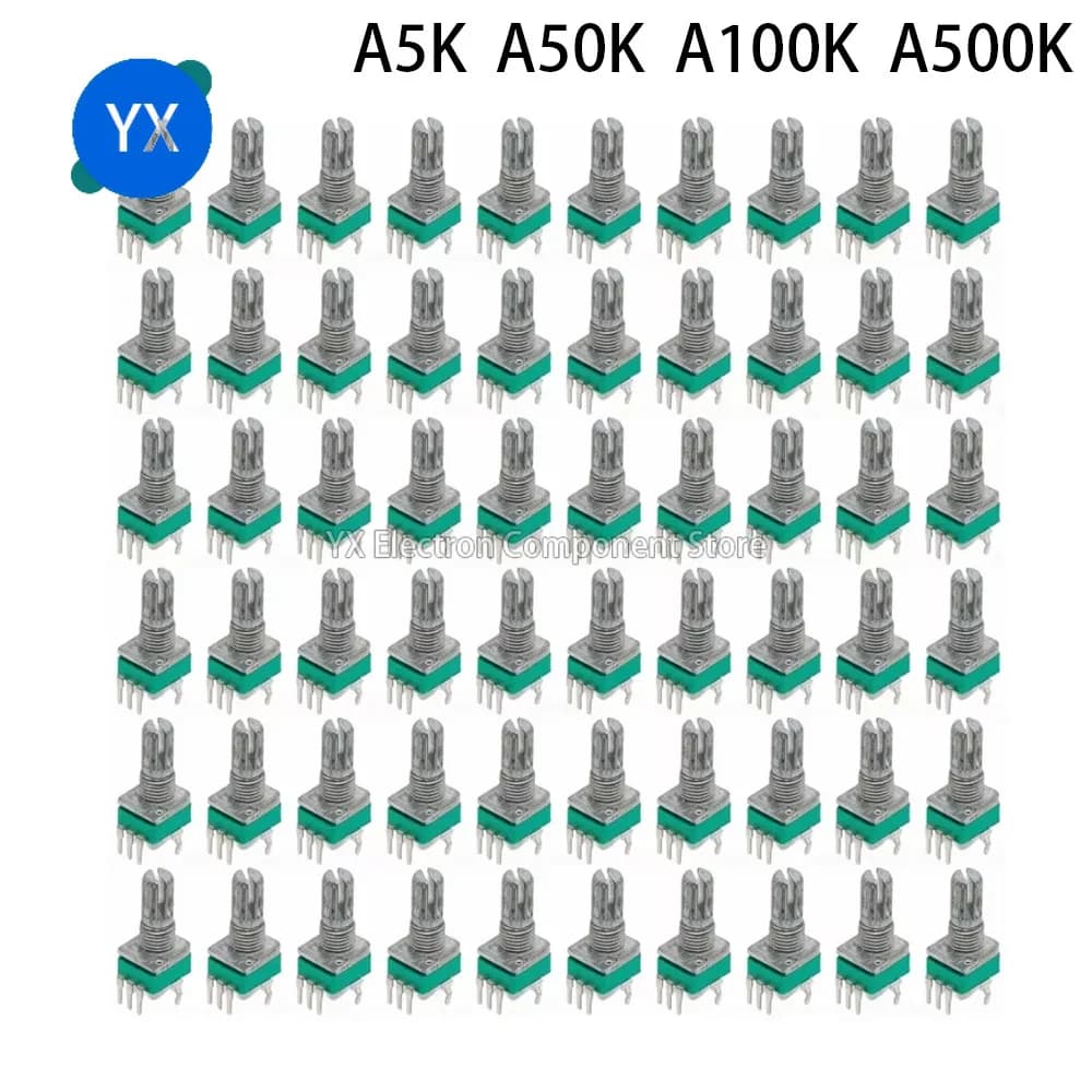 100PCS RK097 15mm Shaft Precision Logarithmic (Audio Taper) Potentiometer Vertical Single Turn D-Axis A5K A50K A100K A500K