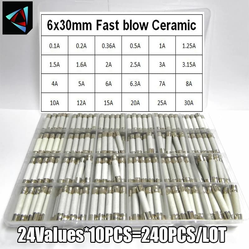 240Pcs/Box 24Values 6x30mm Fast Blow Ceramic Fuse 250V 0.1A 0.2A 0.5A 1A 1.5A 2A 2.5A 3A 3.15A 4A 5A 6A 10A 15A 20A 25A30A