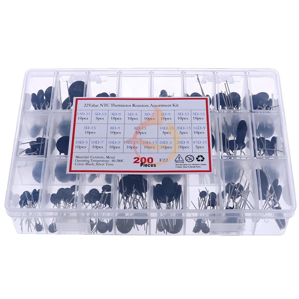 200Pcs 22Value 2.5D/3D/5D/8D/10D/20D/47D-7/9/11/13/15 NTC Thermal Resistor Negative Temperature Coefficient Assorted kit