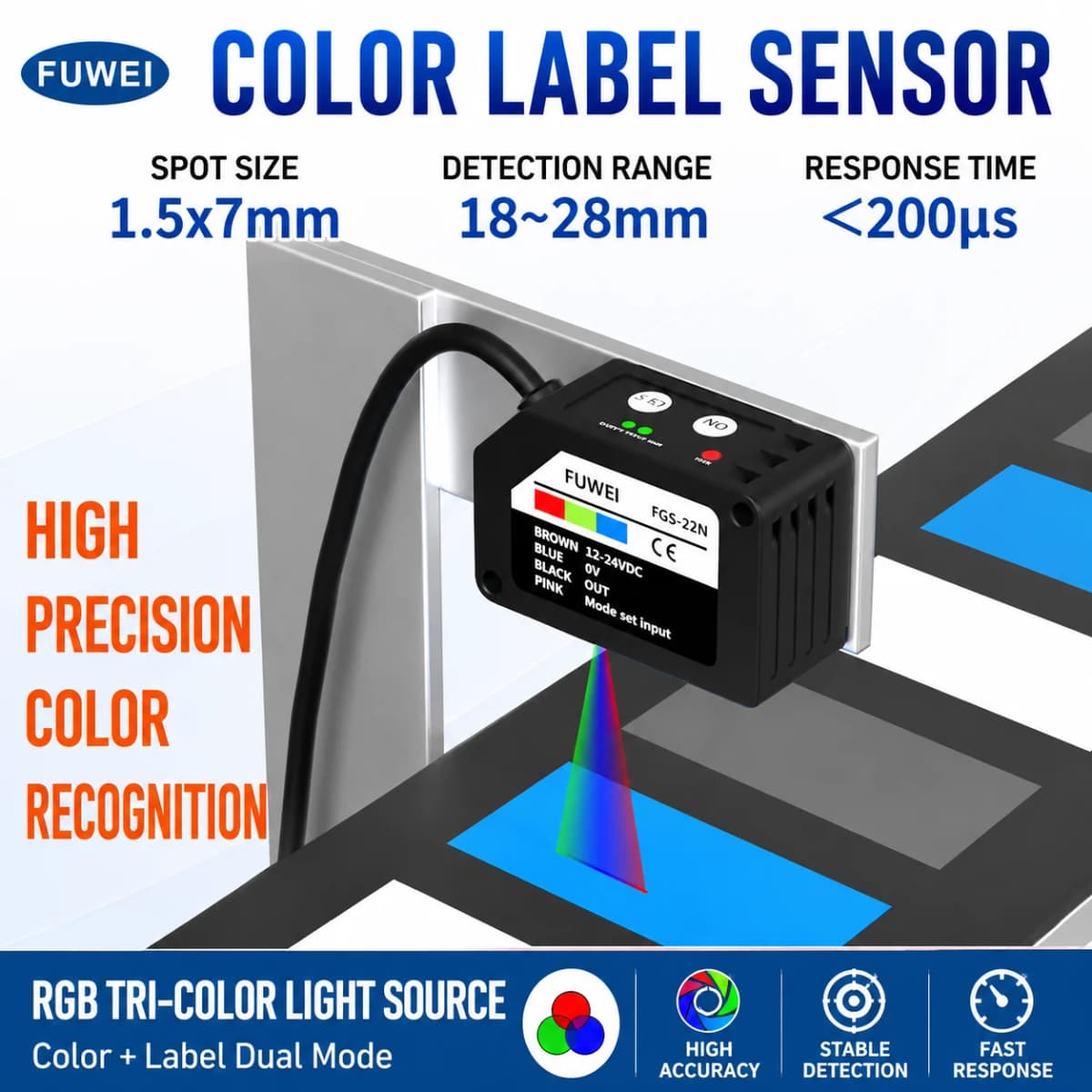 FUWEI FGS-22 Series RGB Color Mark Sensor Photoelectric Switch Color Recognition Sensor Correction Tracking for Labeling Sensor