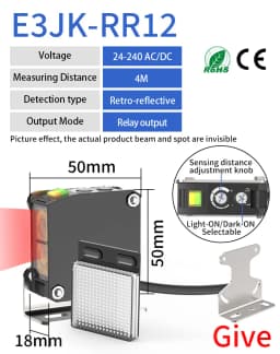 GTRIC Photoelectric Sensor E3JK-RR12 Retro-reflective 24-240V DC/AC Universal Relay Output Square Optical Photoelectric Switch