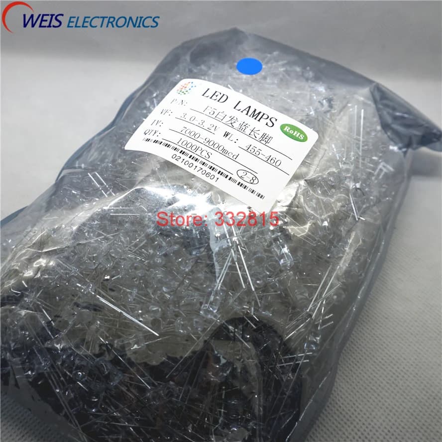 1000PCS 5MM LED WATER CLEAR WHITE, BLUE, GREEN, YELLOW, RED LAMPS LONG LEGS FREE SHIPPING