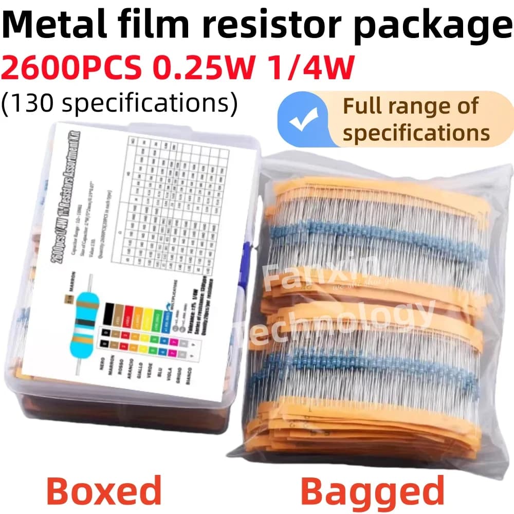 2600-600PCS,130 Values 1/4W 0.25W 1% Metal Film Resistors Assorted Pack Kit Set Lot Resistors Assortment Kits Fixed Resistor