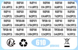 610PCS 24values Self-Recovery Fuse Assorted PPTC KIT 0.05A 0.1A 0.2A 0.25A 0.3A 0.4A 0.5A 0.75A 0.9A 1.1A 1.35A 2A 2.5A 3.75A