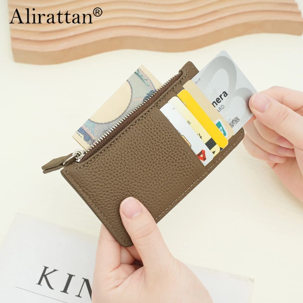 Alirattan New Pickup Bag Genuine Leather Ultra-Thin Compact Multiple Card Slots Small Denomination Cowhide Zipper Coin Purse