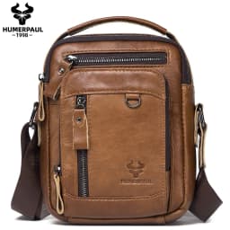 HUMERPAUL 100% Genuine Leather Men's Shoulder Messenger Bag Small Business Crossbody Handbag for Work Male Travel Sling Bolso