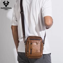 HUMERPAUL 100% Genuine Leather Men's Shoulder Messenger Bag Small Business Crossbody Handbag for Work Male Travel Sling Bolso
