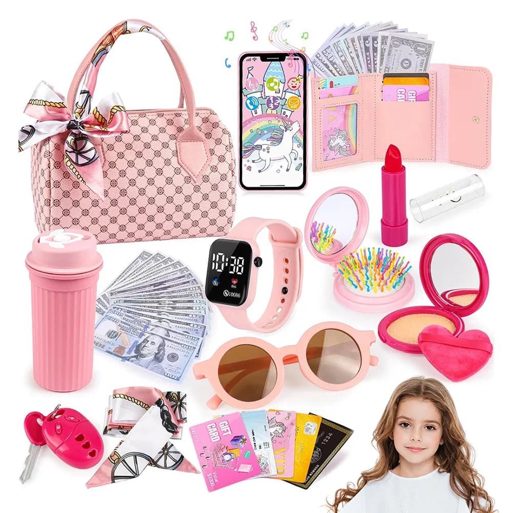 Funny Play Purse for Girls Princess Gifts Play Purse Set Top Handle Bag Cell Phone/Makeup/Water Bottle Christmas Birthday Gift