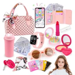 Funny Play Purse for Girls Princess Gifts Play Purse Set Top Handle Bag Cell Phone/Makeup/Water Bottle Christmas Birthday Gift