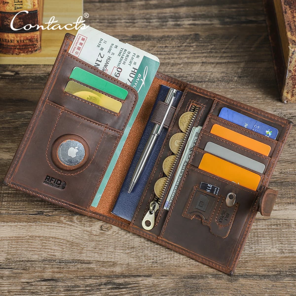 CONTACT'S Genuine Leather Passport Wallets Vintage Travel Card Holder Passport Cover Purse AirTag Slot, Free SIM Card Ejector