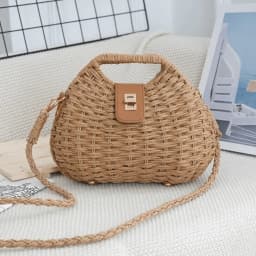 Elegant Straw Woven Shoulder Bag Solid Color Eco-Friendly Boho Crossbody Bag Metal Buckle All-match Wicker Rattan Handbag Beach
