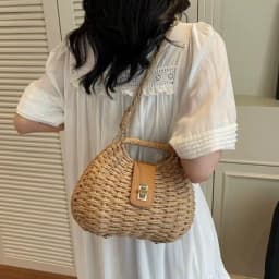 Elegant Straw Woven Shoulder Bag Solid Color Eco-Friendly Boho Crossbody Bag Metal Buckle All-match Wicker Rattan Handbag Beach