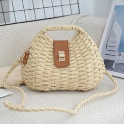 Elegant Straw Woven Shoulder Bag Solid Color Eco-Friendly Boho Crossbody Bag Metal Buckle All-match Wicker Rattan Handbag Beach