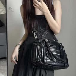Y2k Women Black Vintage Shoulder Bags Punk Gothic Crossbody Bag Multi Pocket Handbags PU Leather Fashion Large Capacity Tote Bag