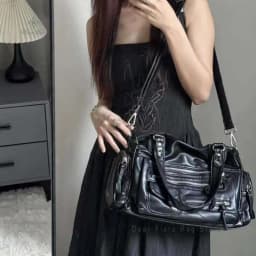 Y2k Women Black Vintage Shoulder Bags Punk Gothic Crossbody Bag Multi Pocket Handbags PU Leather Fashion Large Capacity Tote Bag