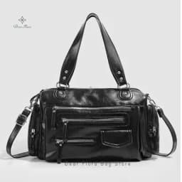 Y2k Women Black Vintage Shoulder Bags Punk Gothic Crossbody Bag Multi Pocket Handbags PU Leather Fashion Large Capacity Tote Bag