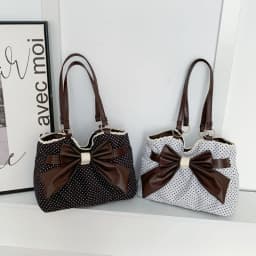 Sweet Polka Dot Shoulder Tote Bag, Leather Bow, Lace Trim Opening, Soft Women Handbag,Vintage Underarm Purse for Casual Commuter