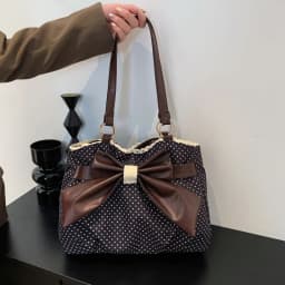 Sweet Polka Dot Shoulder Tote Bag, Leather Bow, Lace Trim Opening, Soft Women Handbag,Vintage Underarm Purse for Casual Commuter