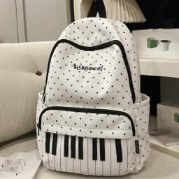 Nylon Casual Backpack 16.9 Inch Polka Dot Piano Key School Bag with Pendant for Teen Girls Travel Shopping Daily Use