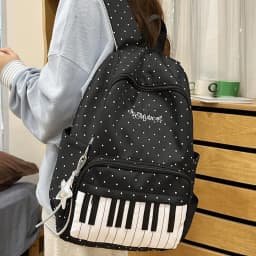 Nylon Casual Backpack 16.9 Inch Polka Dot Piano Key School Bag with Pendant for Teen Girls Travel Shopping Daily Use