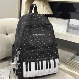 Nylon Casual Backpack 16.9 Inch Polka Dot Piano Key School Bag with Pendant for Teen Girls Travel Shopping Daily Use