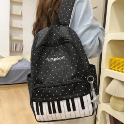 Nylon Casual Backpack 16.9 Inch Polka Dot Piano Key School Bag with Pendant for Teen Girls Travel Shopping Daily Use