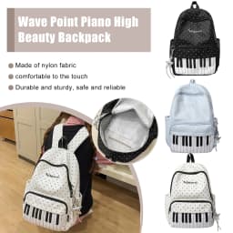 Nylon Casual Backpack 16.9 Inch Polka Dot Piano Key School Bag with Pendant for Teen Girls Travel Shopping Daily Use
