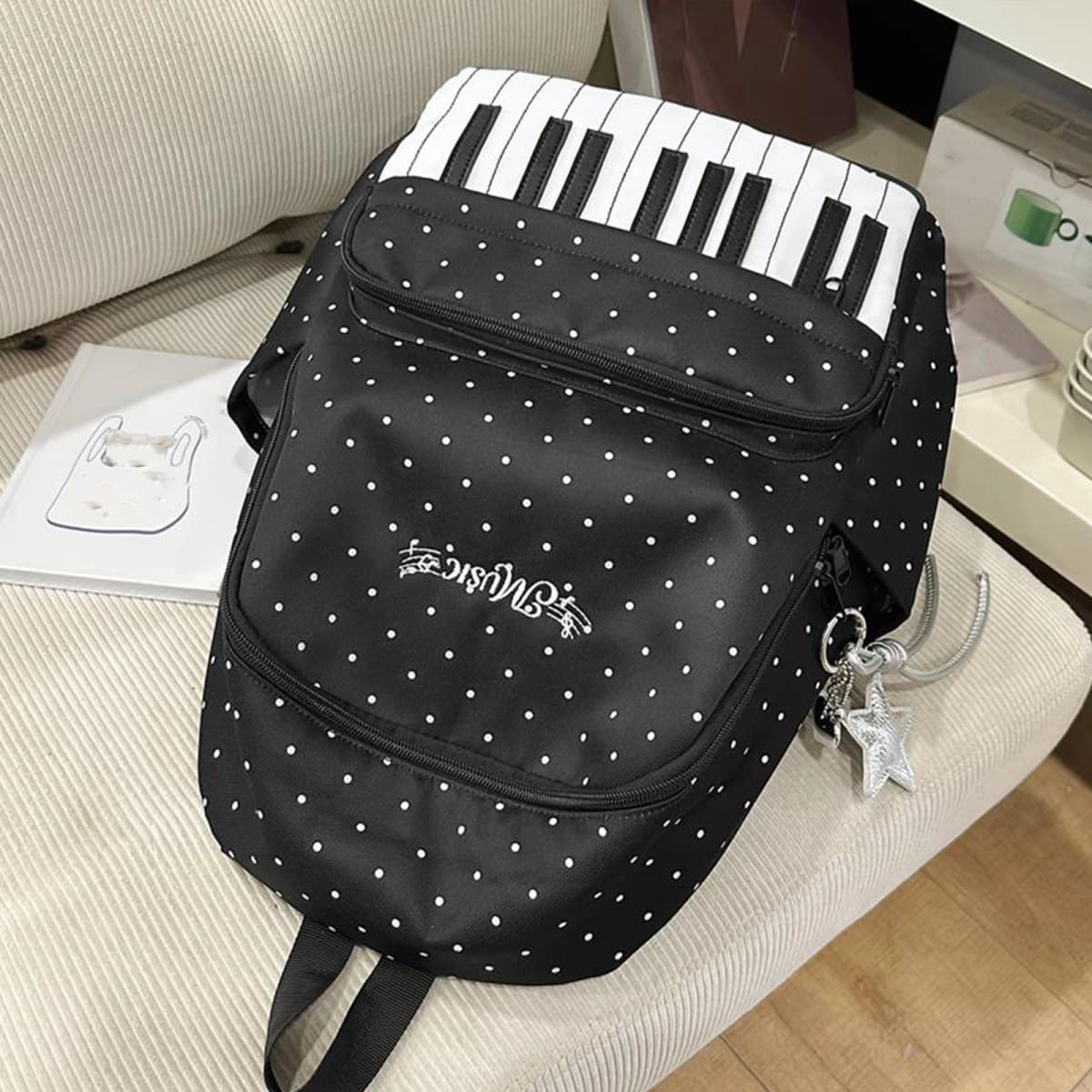 Nylon Casual Backpack 16.9 Inch Polka Dot Piano Key School Bag with Pendant for Teen Girls Travel Shopping Daily Use