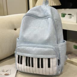 Nylon Casual Backpack 16.9 Inch Polka Dot Piano Key School Bag with Pendant for Teen Girls Travel Shopping Daily Use