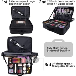 Large capacity travel makeup case, portable artist organizer with adjustable dividers and shoulder strap for toiletries jewelry