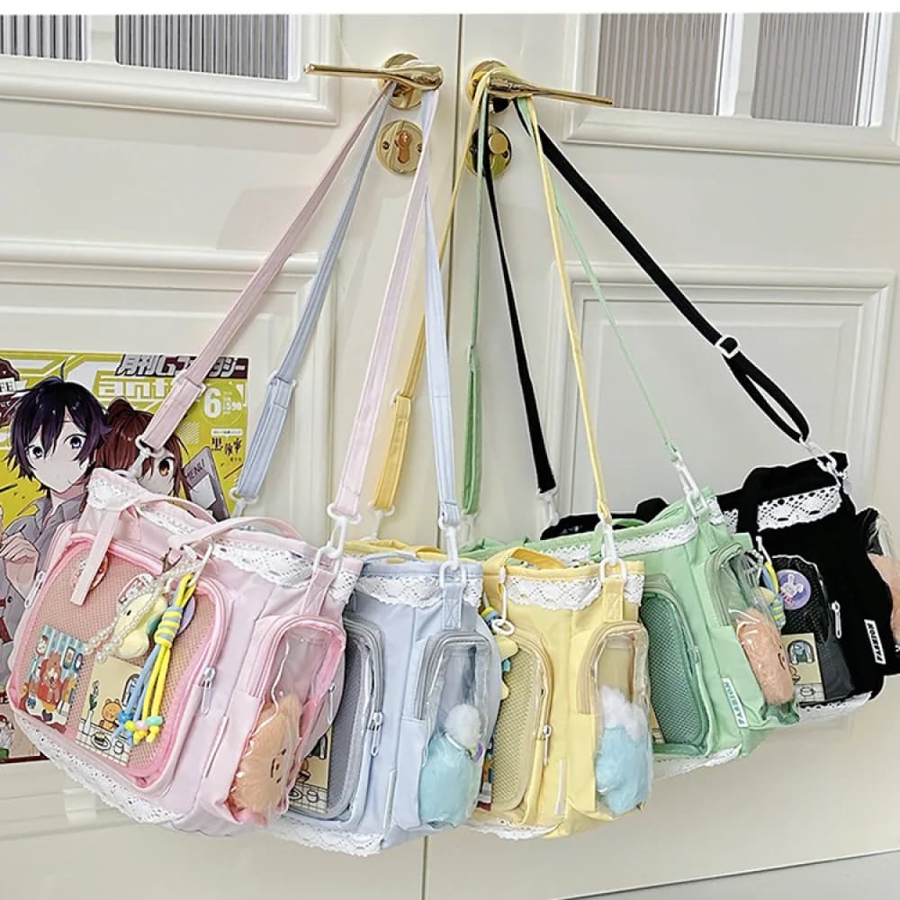 Kawaii Yellow Lace Ita Bag Tote Bag Large Capacity Clear Window Anime Pin Badge Display Shoulder Bag Lolita Cute Handbag for Com