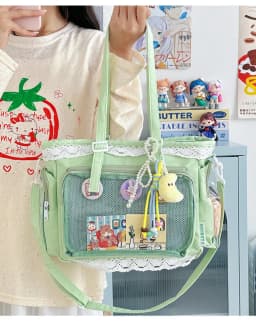 Kawaii Yellow Lace Ita Bag Tote Bag Large Capacity Clear Window Anime Pin Badge Display Shoulder Bag Lolita Cute Handbag for Com