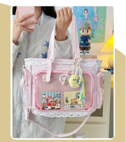 Kawaii Yellow Lace Ita Bag Tote Bag Large Capacity Clear Window Anime Pin Badge Display Shoulder Bag Lolita Cute Handbag for Com