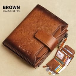 GERUOLA Men's Genuine Leather Wallet, Vintage RFID Blocking Anti-Theft Folding Wallet, ID Window, Coin Pocket, and Zipper Closur