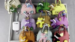 Cute PU Leather Mini Wheel Bag Charm with Flocked Balloon Dog Charm-Small Cute Coin Purse Pouch for Earbuds, Cables & Cash/Gift
