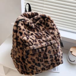 Luxury Leopard Print Womens Backpack Brown Pattern Multi Pocket Large Capacity Plush Material Zipper Adjustable Straps Commute