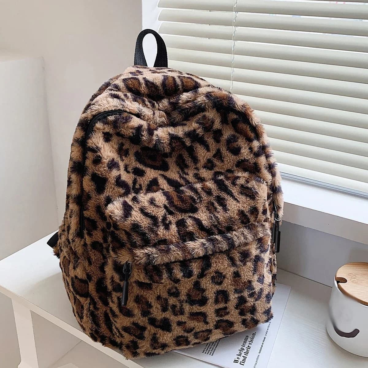 Luxury Leopard Print Womens Backpack Brown Pattern Multi Pocket Large Capacity Plush Material Zipper Adjustable Straps Commute