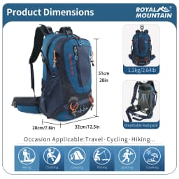ROYAL MOUNTAIN 35L HIKING BACKPACK WITH SHOES COMPARTMENT WATER RESISTANT FABRIC REAR FRAME SUPPORT BREATHABLE PADDING