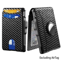 Men's Pop-Up Aluminum-Framed Carbon Fiber PU RFID Blocking Bifold Wallet with AirTag Slot Credit Card Holder Fold Design