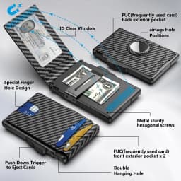 Men's Pop-Up Aluminum-Framed Carbon Fiber PU RFID Blocking Bifold Wallet with AirTag Slot Credit Card Holder Fold Design