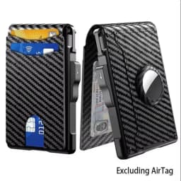 Men's Pop-Up Aluminum-Framed Carbon Fiber PU RFID Blocking Bifold Wallet with AirTag Slot Credit Card Holder Fold Design