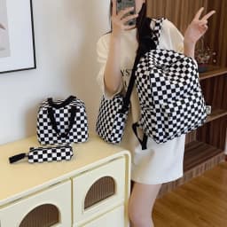 Checkerboard 4Pcs Backpack Set Crossbody&handbag&Pen Case Stitching Multi Pocket Adjustable Straps Campus Commute Bundle