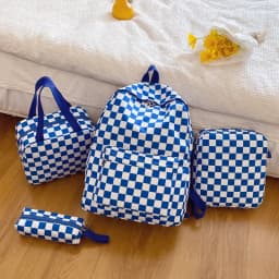 Checkerboard 4Pcs Backpack Set Crossbody&handbag&Pen Case Stitching Multi Pocket Adjustable Straps Campus Commute Bundle
