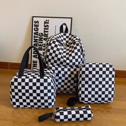 Checkerboard 4Pcs Backpack Set Crossbody&handbag&Pen Case Stitching Multi Pocket Adjustable Straps Campus Commute Bundle