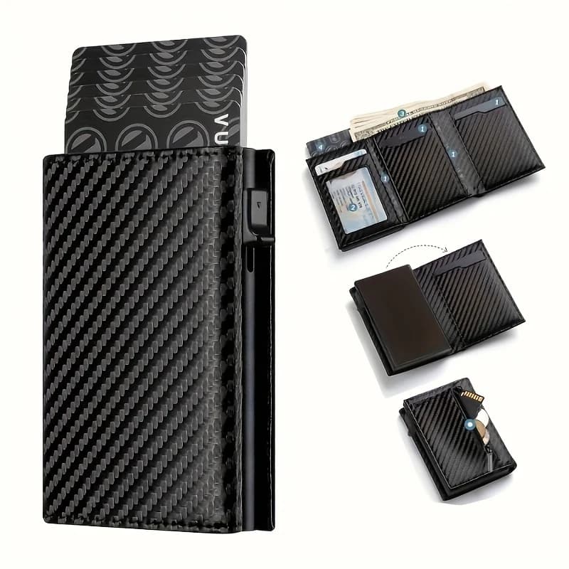 Men's Wallet with Zipper Coin Purse Automatic Pop-up Metal Credit Card Holder Minimalist RFID Blocking Business Card Wallet Ide
