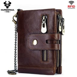 HUMERPAUL Genuine Leather Wallet With Cowhide For Men Money Purse Short Card Holder Double Zipper Male Bifold Coin Pocket RFID