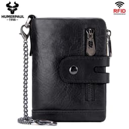 HUMERPAUL Genuine Leather Wallet With Cowhide For Men Money Purse Short Card Holder Double Zipper Male Bifold Coin Pocket RFID