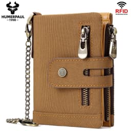 HUMERPAUL Genuine Leather Wallet With Cowhide For Men Money Purse Short Card Holder Double Zipper Male Bifold Coin Pocket RFID