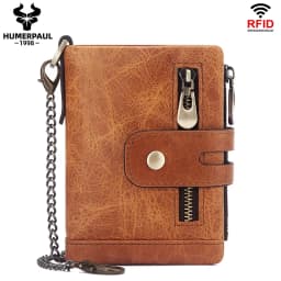 HUMERPAUL Genuine Leather Wallet With Cowhide For Men Money Purse Short Card Holder Double Zipper Male Bifold Coin Pocket RFID