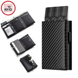 RFID Blocking Automatic Pop-Up Card Holder with Coin Compartments, Carbon Fiber & Aluminum Men's Bifold Wallet, Slim Money Purse